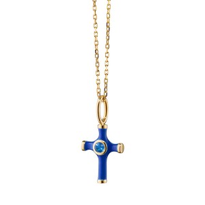 Blue Enamel Blue Sapphire Cross Pendant on Chain